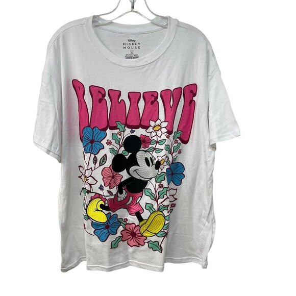 Disney Mickey Mouse Embroidered Tee Floral Womens Size XL White - Picture 1 of 7